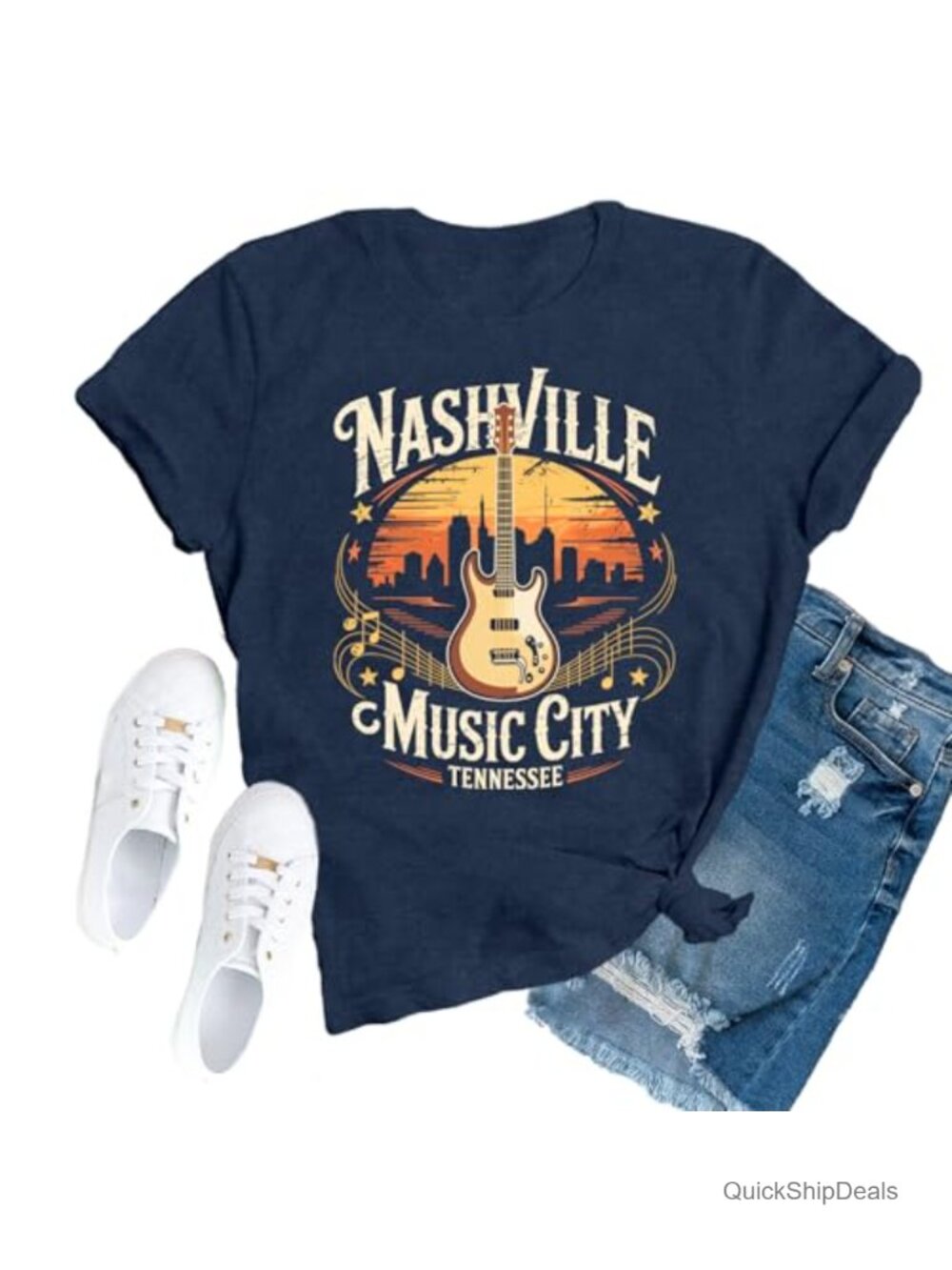 Retro Nashville Guitar Print T-Shirt Country Music Concert Tee